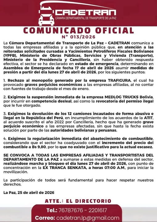 Cadetran declara emergencia y convoca a bloqueos desde el lunes 27 de abril en La Paz