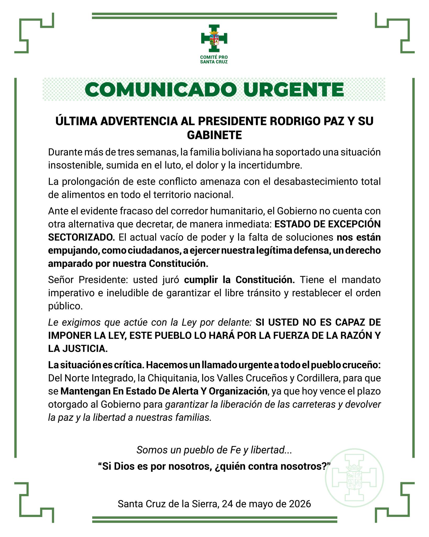 COMITE PRO SANTA CRUZ| LANZA DURO ULTIMÁTUM AL PRESIDENTE RODRIGO PAZ Y A SU GABINETE DE MINISTROS